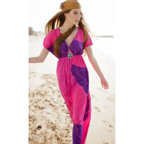 Trina Turk 100% Silk Bohemian Maxi Summer Dress 10 Summer Purple Pink Beach - Picture 1 of 8